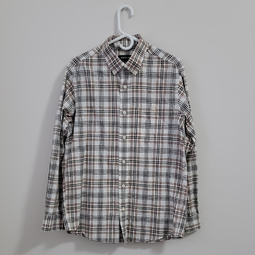 Orvis Men's Plaid Shirt - Green, White, and Brown Size M